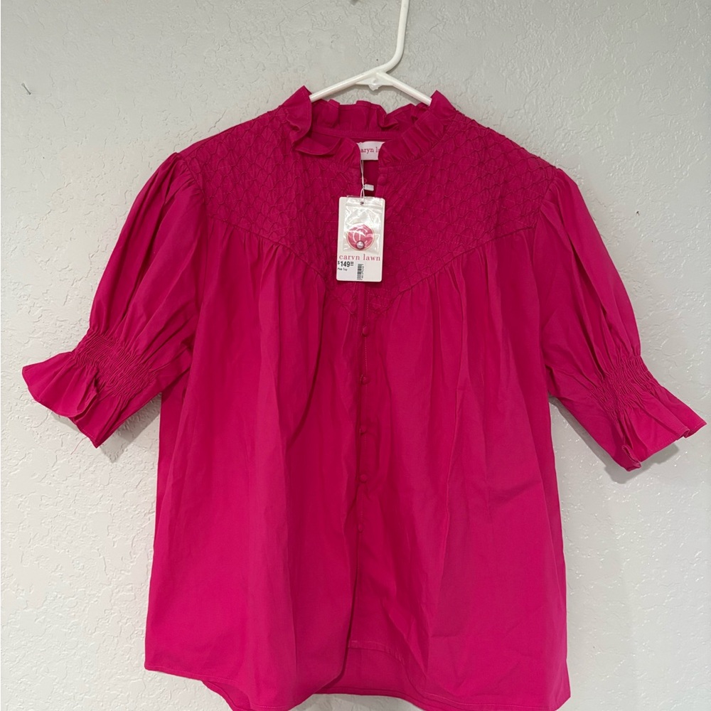 Pink Puff Sleeve Smocked Blouse with Mandarin Collar